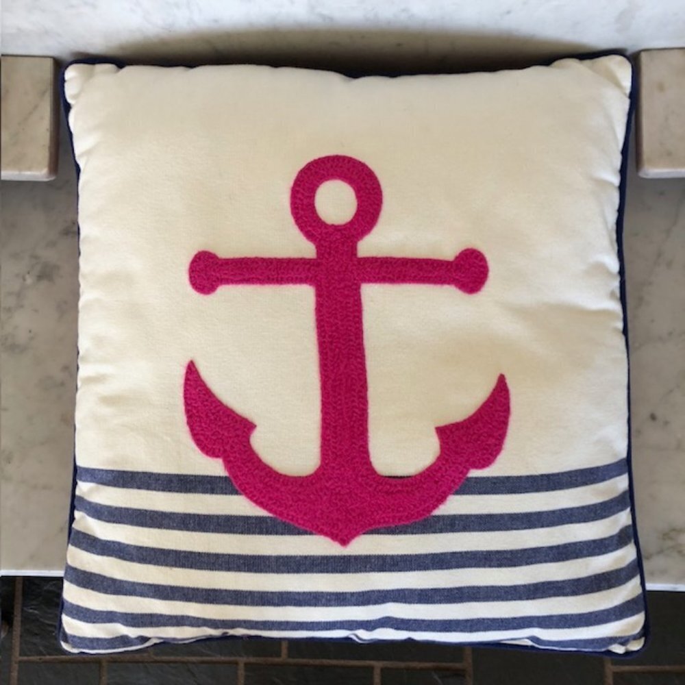 THRESHOLD Nautical Anchor Fuchsia Blue White Stripe Throw Pillow 18 x 18 - Picture 3 of 13